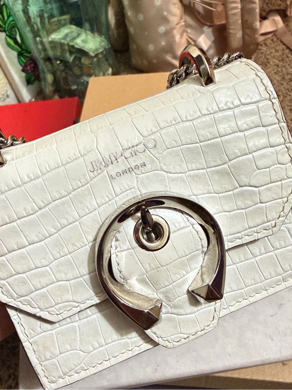 Jimmy Choo White Croc-Embossed Mini Crossbody with Silver Hardware